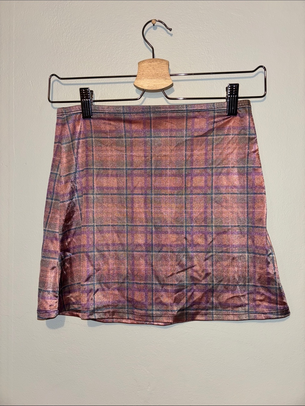 Elegant Moments Shimmery Pink and Purple Plaid Mini Skirt
